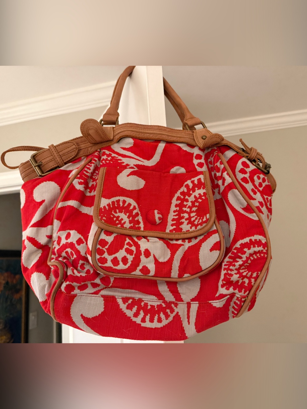 Anthropologie Red and White Floral Canvas Shoulder Bag with Tan Trim